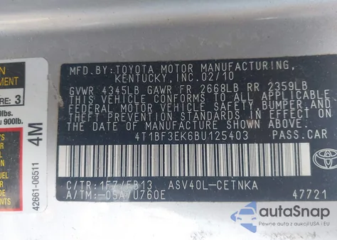 2011 Toyota Camry Le из США, поврежденный, VIN 4T1BF3EK6BU125403